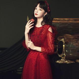 3/4-sleeve Dot Mesh Panel A-line Evening Dress