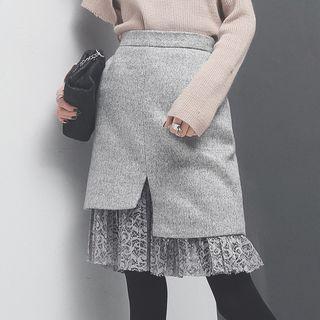 Lace-hem Wool Pencil Skirt
