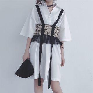 V-neck Elbow-sleeve Shirt Dress With Belt