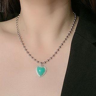 Heart Pendant Necklace Aqua Green Heart - Silver - One Size