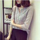 3/4-sleeve Striped Textured Blouse