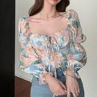 Long-sleeve Square-neck Floral Cropped Blouse