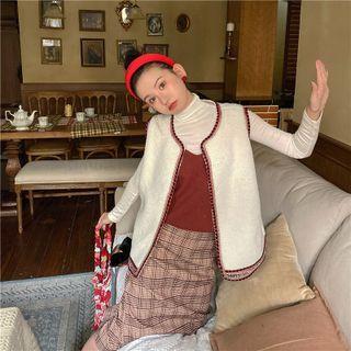 Sweater Vest / Knit Camisole Top / Plaid Midi A-line Skirt