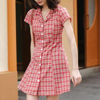 Short-sleeve Single Breast Plaid Slim Fit Dress