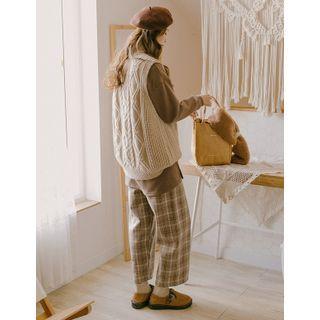 Woolen Plaid Wide-leg Pants Beige - One Size