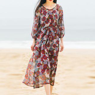 Set: Floral Print 3/4-sleeve A-line Midi Dress + Strappy Dress