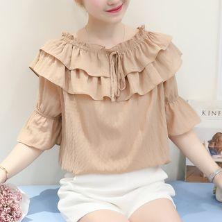 Frilled Off-shoulder Elbow-sleeve Top