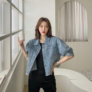 Puff-sleeve Denim Trucker Jacket Light Blue - One Size