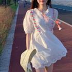 Puff-sleeve Embroidered Eyelet Mini A-line Dress White - One Size