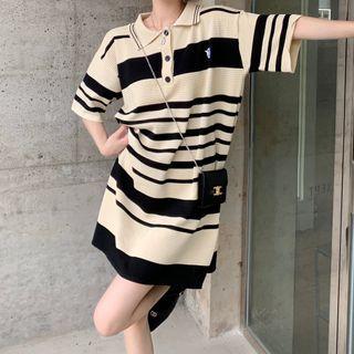 Short-sleeve Striped Polo Knit Dress Stripe - Black & Khaki - One Size