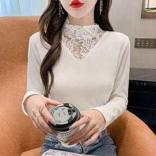 Mock-neck Long-sleeve Lace Panel T-shirt