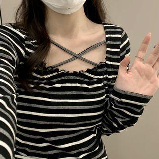 Long-sleeve Striped Top Striped Top - Black & White & Gray - One Size