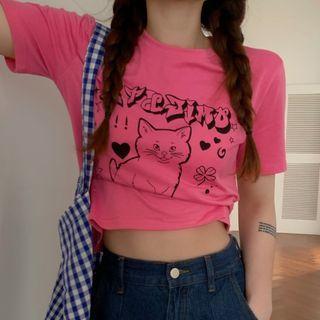 Short-sleeve Cat Print T-shirt Rose Pink - One Size