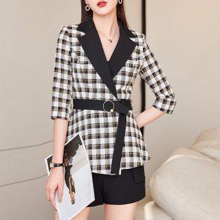 Elbow-sleeve Plaid Panel Blazer / Shorts / Set