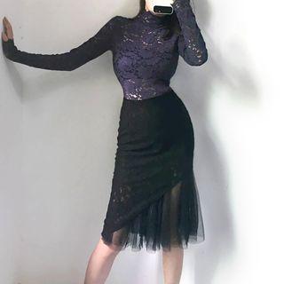 Long-sleeve Lace Top / Fitted Skirt