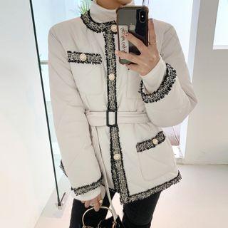 Belted Tweed-trim Padded Jacket