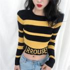 Long-sleeve Striped Lettering Knit Crop Top