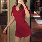 Short-sleeve V Neck Bow High-waist A-line Dress