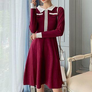 Contrast Collar Long-sleeve Knit Midi A-line Dress