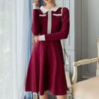 Contrast Collar Long-sleeve Knit Midi A-line Dress