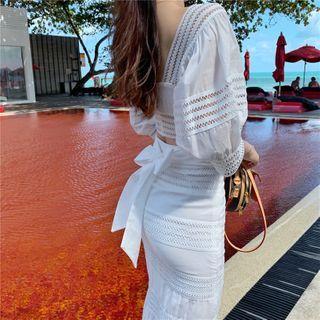 Balloon-sleeve Cropped Blouse / Midi A-line Skirt