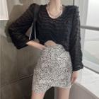 Set: Shirred Loose-fit Top + Leopard Print Skirt