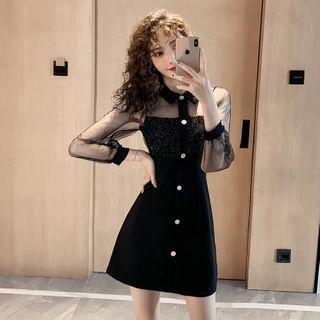 Mesh-sleeve Sequined A-line Dress
