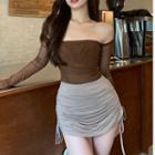 Tube Top With Mesh Arm Sleeves / Drawstring Mini Pencil Skirt