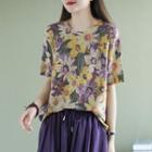 Elbow-sleeve Floral Print T-shirt Purple & Yellow - One Size