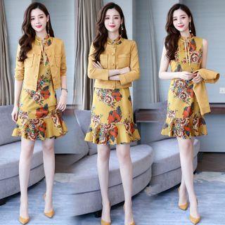 Set: Floral Sleeveless Ruffle Hem A-line Dress + Button Cropped Jacket