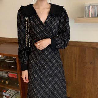 Ruffle Trim Collar Plaid Midi A-line Dress
