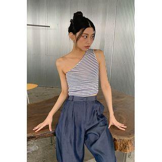 Sleeveless One-shoulder Stripe Crop Top
