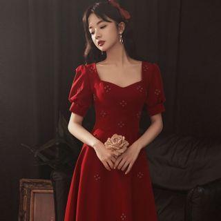 Puff-sleeve Studded A-line Dress