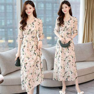 Elbow-sleeve Flower Print A-line Chiffon Dress