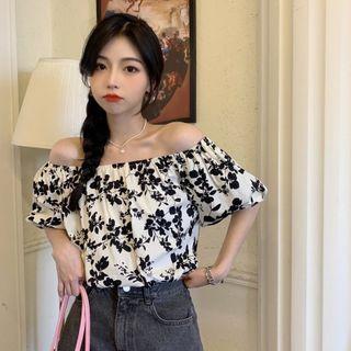 Print Off-shoulder Puff-sleeve Top
