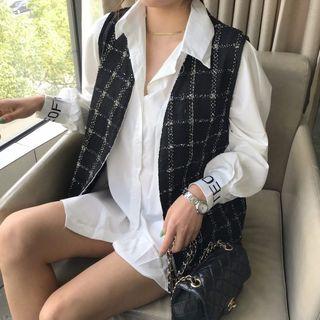 Set: Lettering Cuff Plain Shirt + Sleeveless Check Top Shirt & Vest - One Size