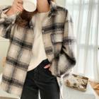 Snap-button Woolen Plaid Shirt Black - One Size