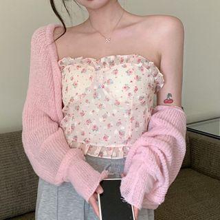 Floral Ruffle Trim Tube Top / Plain Shrug