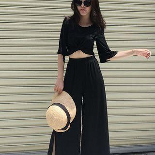 Set:plain Crewneck Elbow-sleeve Top + High-waist Wide-leg Pants