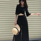 Set:plain Crewneck Elbow-sleeve Top + High-waist Wide-leg Pants