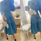 Set: Flap-pocket Denim Shirt + Tiered Long Skirt Blue - One Size