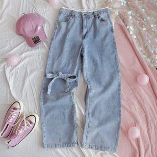 Lace Trim Bow Straight-cut Jeans