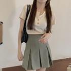Short-sleeve Button-up Plain T-shirt / Pleated Mini A-line Skirt