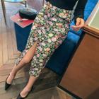 Slit Floral Long Pencil Skirt