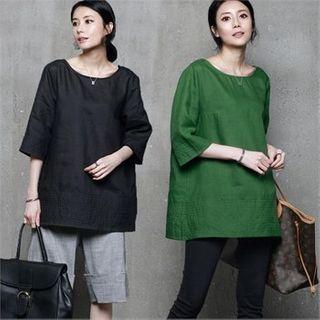 3/4-sleeve Stitched Linen Top