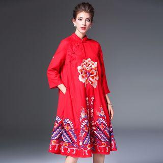 Floral Embroidered 3/4-sleeve Midi Dress