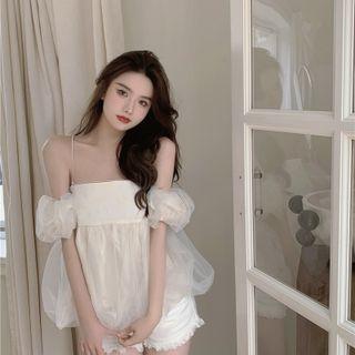 Plain Embroider Mesh A-line Dress Top - One Size