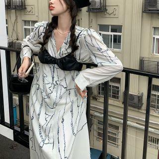 Long-sleeve V-neck Chain Print Dress / Faux-leather Sleeveless Top