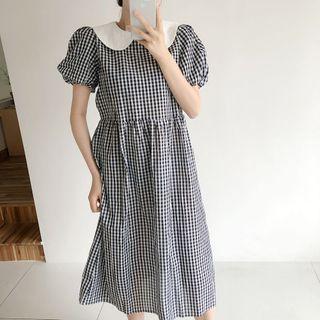 Puff-sleeve Peter Pan Collar Plaid Dress Black & White - One Size