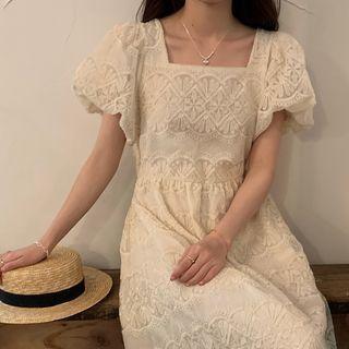 Short-sleeve Lace Midi Smock Dress Off-white - One Size